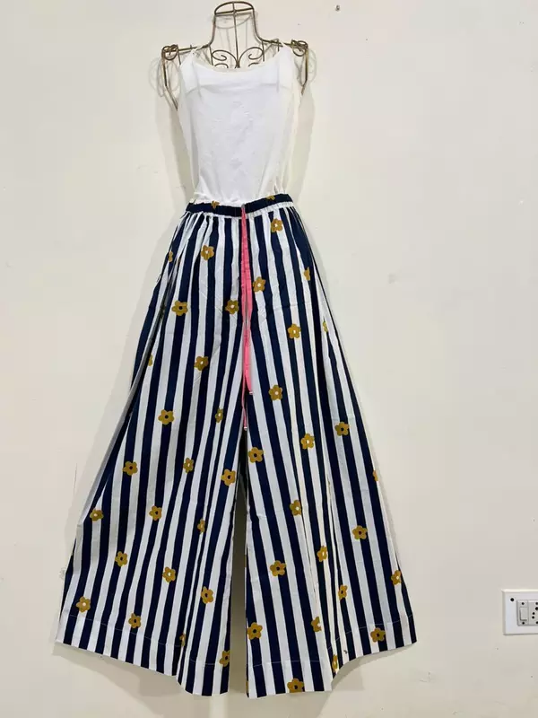 Anya's Flared Lounge pants - Blue & White Stripes with Flowers
