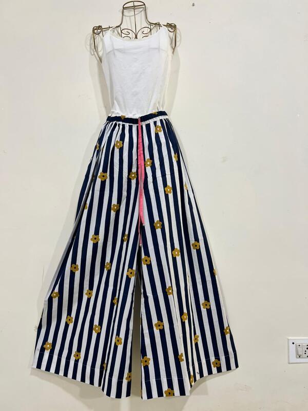 Anya's Flared Lounge pants - Blue & White Stripes with Flowers