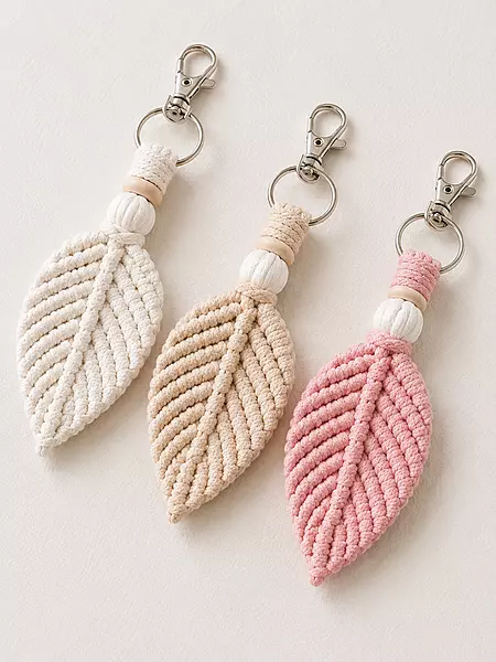 Macrame Leaf Keychain — Ivory, Beige & Blush Pink (Set of 3)