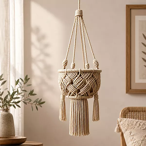 Natural Cotton Macrame Plant Hanger with Tassel Fringe