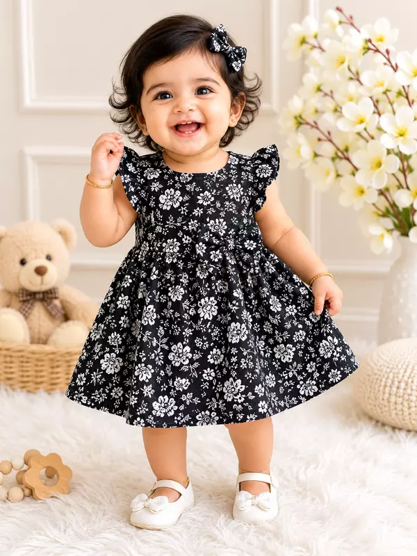 Cotton Tiny Black Blossom Print Frock