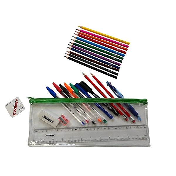 Stationery Filled Green Zip 13x5"" Pencil Case with Colouring Pencils
