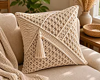 Ivory Macrame Diagonal Weave Cushion Cover with Bead & Tassel