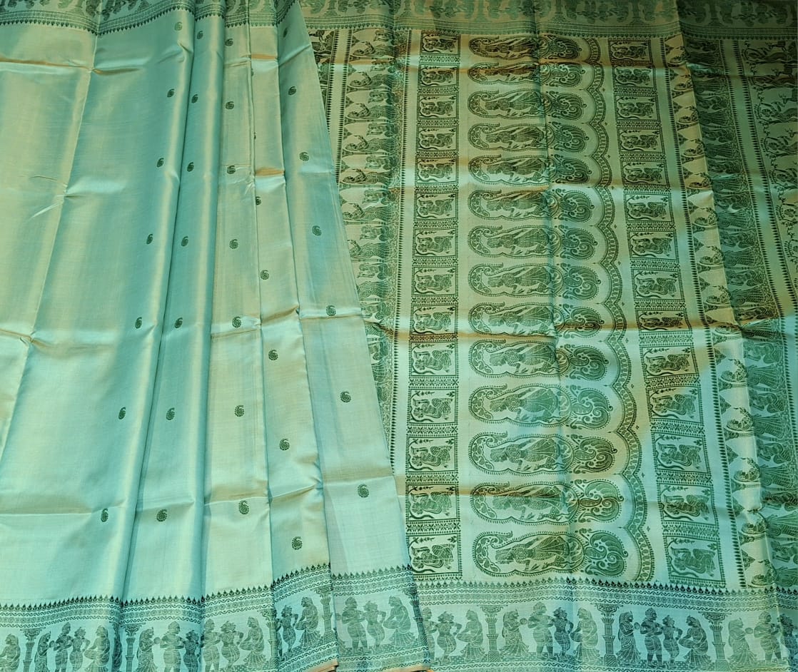 Sea green mustard dual tone body color pure Mulberry silk Baluchari saree