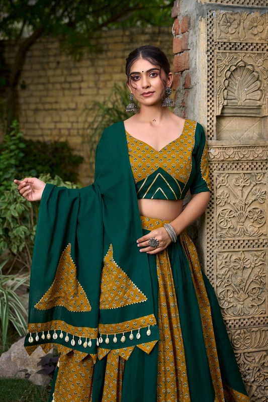 "Green Mustard Printed Navratri Lehenga Choli with Dupatta" D.B.33