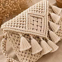 Natural Ivory Macrame Clutch with Gold Tassels & Diamond Weave Panel
