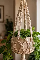 Natural Beige Macrame Plant Hanger with Wooden Beads & Tassel
