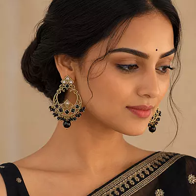Nishika Black Bead Gold-Tone Chandbali Earrings