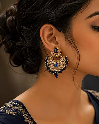 Nilarika Royal Blue Bead Gold-Tone Chandbali Earrings