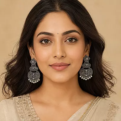Taralika Clear Stone Pearl Oxidised Chandbali Earrings