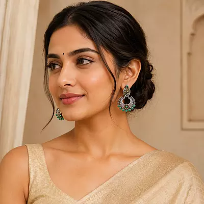 Aaranya Peacock Green Stone Oxidised Chandbali Earrings