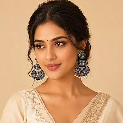 Varnika Multicolour Stone Pearl Oxidised Chandbali Earrings