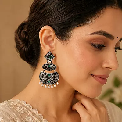 Mrinalika Green Stone Pearl Oxidised Chandbali Earrings