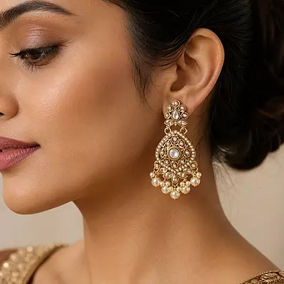 Mrinalika Pearl and Clear Stone Gold-Tone Teardrop Earrings