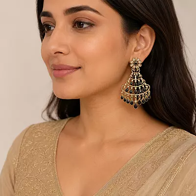 Shyamira Black Stone Gold-Tone Chandelier Earrings