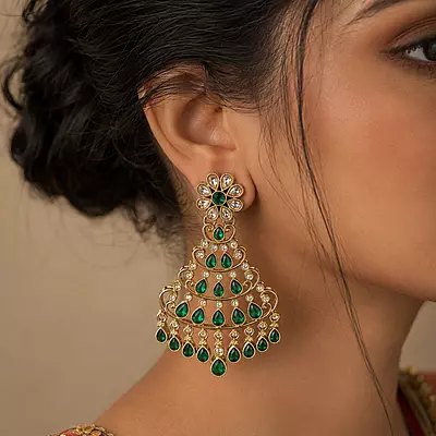 Vanamala Green Stone Gold-Tone Chandelier Earrings
