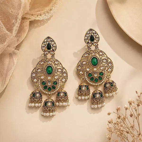 Harivalli Green Stone Triple Jhumka Earrings