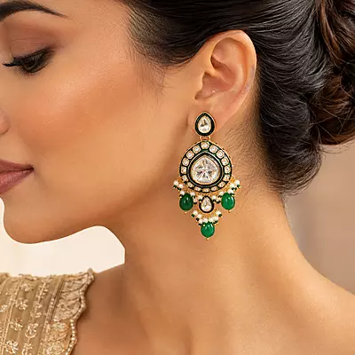 Kundan Meera Green Bead Pearl Drop Earrings