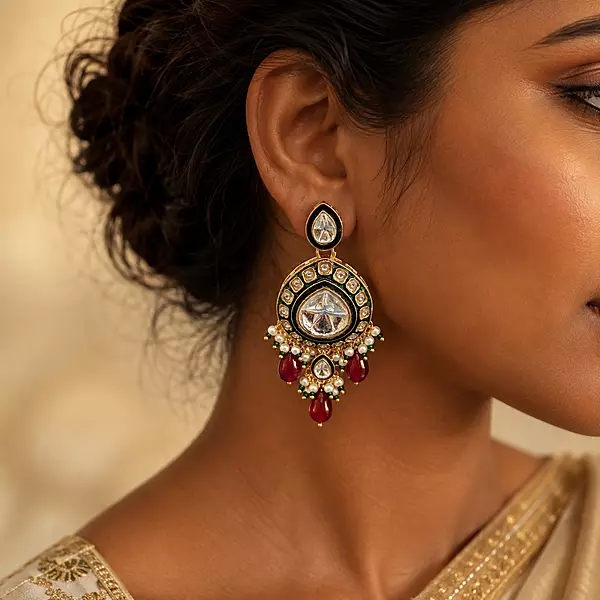 Kundan Chandrika Ruby Pearl Drop Earrings