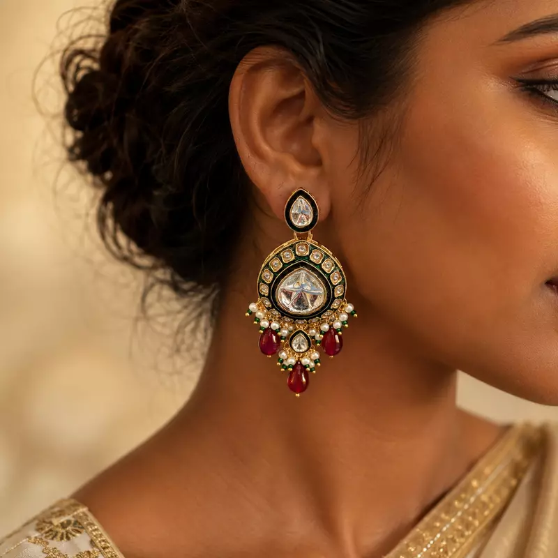 Kundan Chandrika Ruby Pearl Drop Earrings