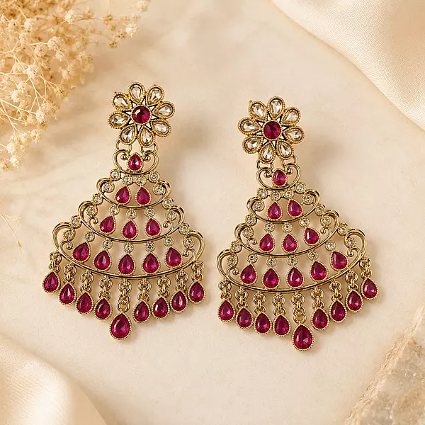 Gulrani Magenta Stone Gold-Tone Chandelier Earrings