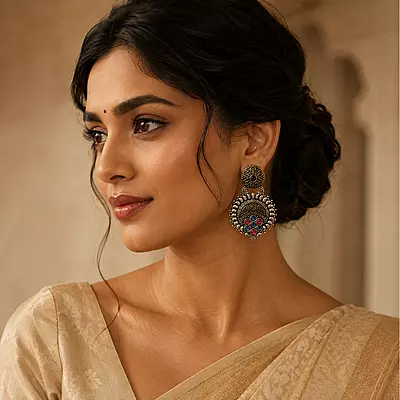 Ruhani Multicolour Stone Oxidised Medallion Earrings