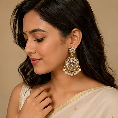 Pravisha Champagne Stone Pearl Floral Medallion Earrings