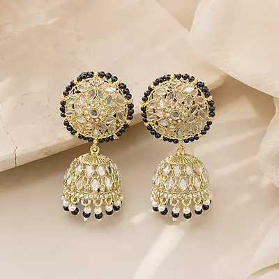 Noor Black Beaded Floral Jhumka & Maang Tikka Set