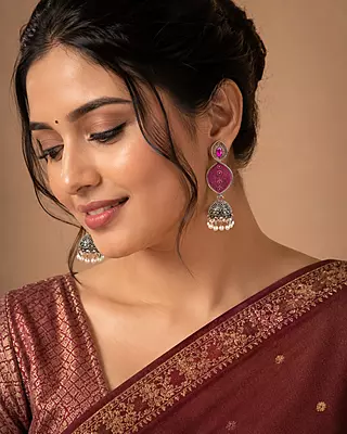 Gulmeher Magenta Enamel Oxidised Jhumka Earrings