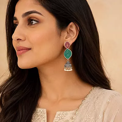 Madhavi Teal and Rose Enamel Oxidised Jhumka Earrings