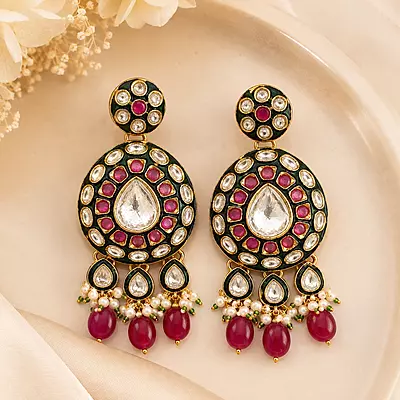 Kundan Raaga Mirror Stone Red Bead Drop Earrings