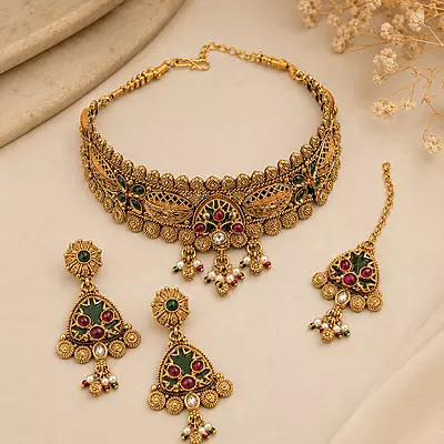 Vanyara Antique Gold Choker Jewellery Set with Earrings and Maang Tikka