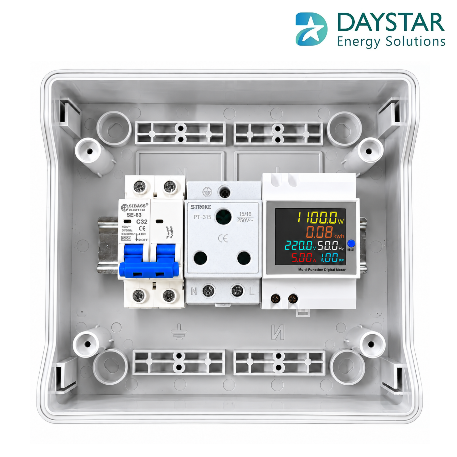 9-Way EV Charger MCB Box | 3-Pin 6A Socket, Sibass 32A 2-Pole AC MCB & Digital Energy Meter
