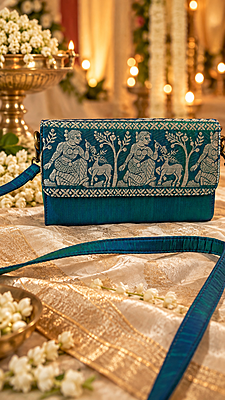 Peacock Blue-Green Dual-Tone Baluchari Silk Sling Bag