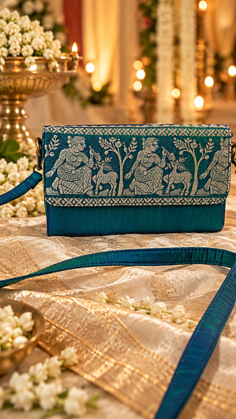 Peacock Blue-Green Dual-Tone Baluchari Silk Sling Bag