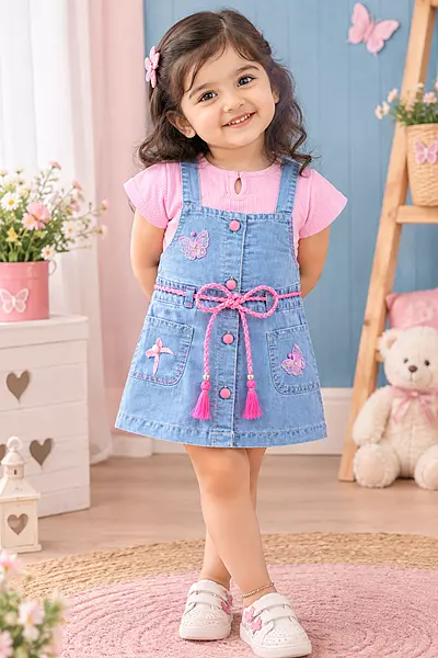 Pink Butterfly Denim Pinafore Dress Set for Girls