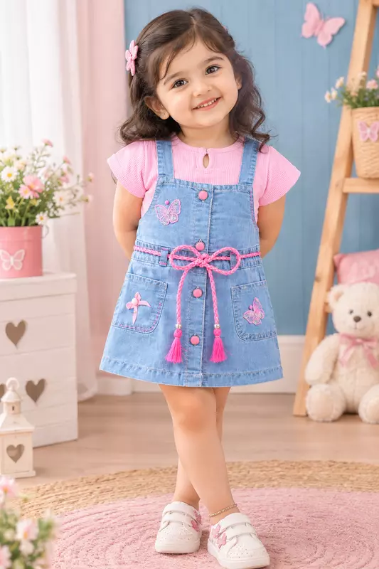 Pink Butterfly Denim Pinafore Dress Set for Girls