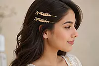 Gold-Tone Bow Hairpin Set with Pastel Bead Cascades .