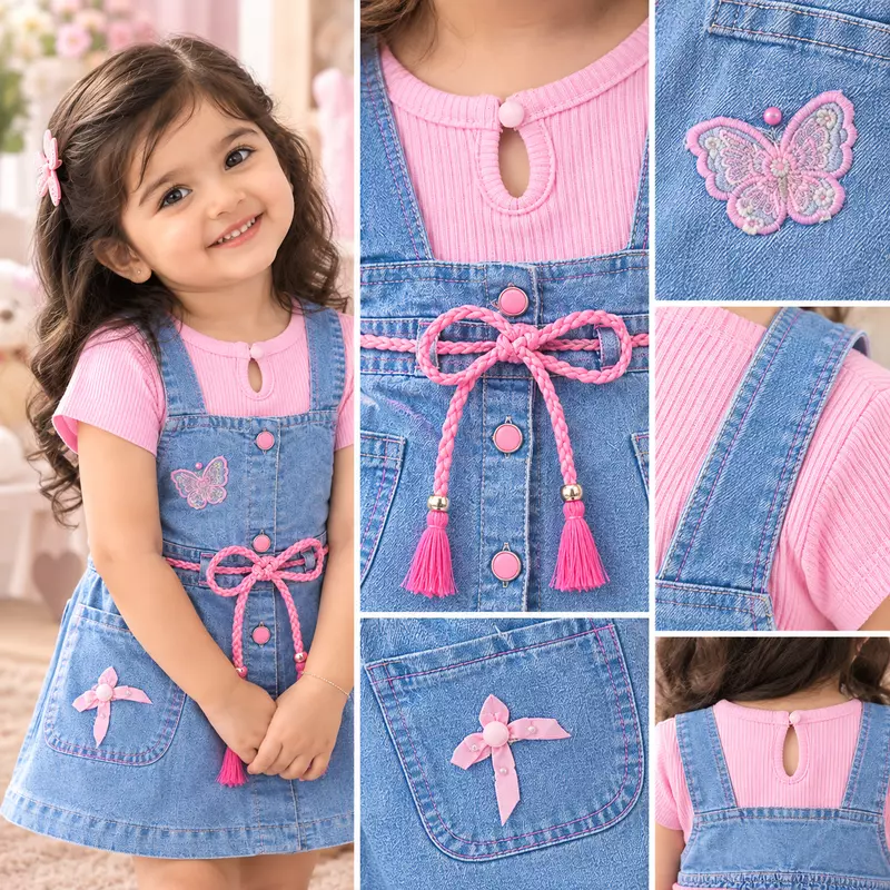 Pink Butterfly Denim Pinafore Dress Set for Girls