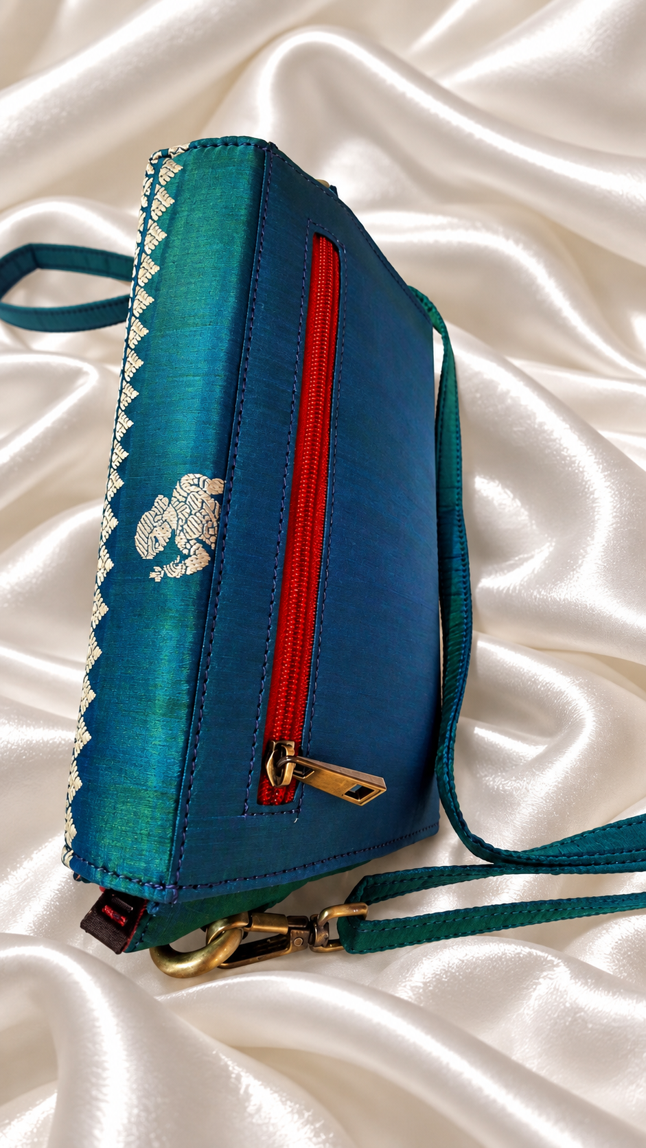 Peacock Blue-Green Dual-Tone Baluchari Silk Sling Bag