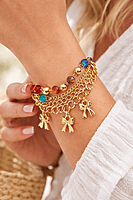 Gold Plated Multicolor Beaded Charm Bracelet with Bow Pendants