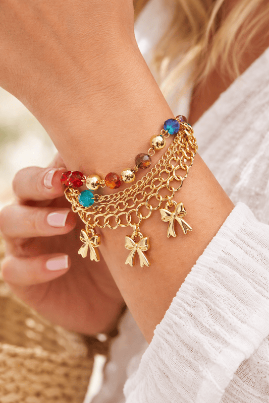 Gold Plated Multicolor Beaded Charm Bracelet with Bow Pendants