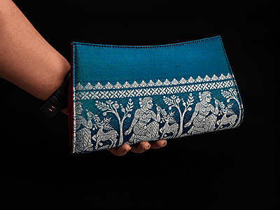 Blue Green Dual-Tone Baluchari Pure Silk Clutch Purse Blue Green Dual-Tone Baluchari Pure Silk Clutch Purse