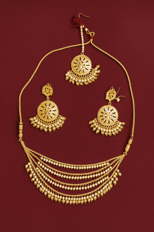 Royal Gold-Plated Kundan Necklace, Maang Tikka and Earring Set
