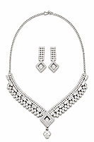 Silver Crystal Choker Necklace Set with Square Pendant and Earrings