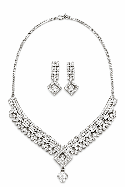 Silver Crystal Choker Necklace Set with Square Pendant and Earrings