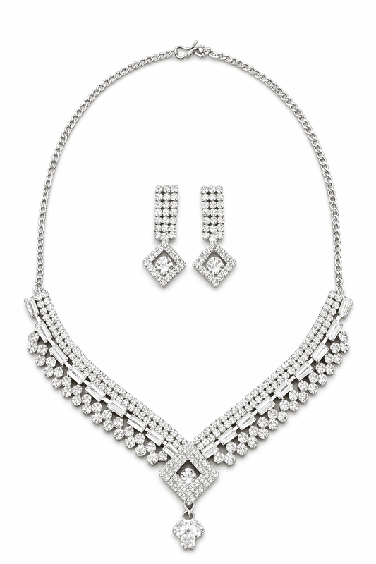 Silver Crystal Choker Necklace Set with Square Pendant and Earrings