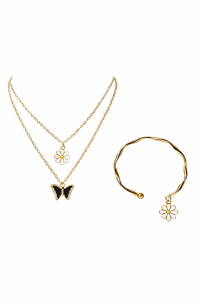 Gold Plated Butterfly and Daisy Pendant with Bracelet | Anti Tarnish