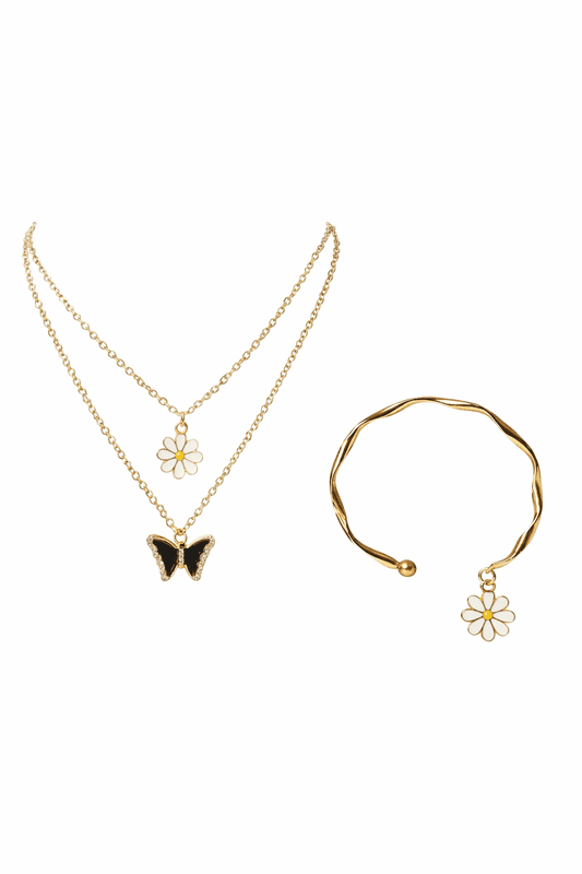 Gold Plated Butterfly and Daisy Pendant with Bracelet | Anti Tarnish