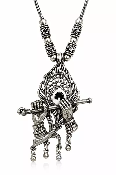 Oxidized Silver Krishna Flute Pendant Necklace for Women